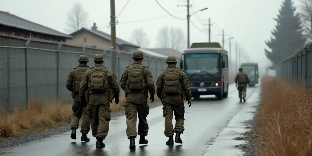a group of soldiers walking down a street next to a bus and a truck in a fenced area, Avgust Černig