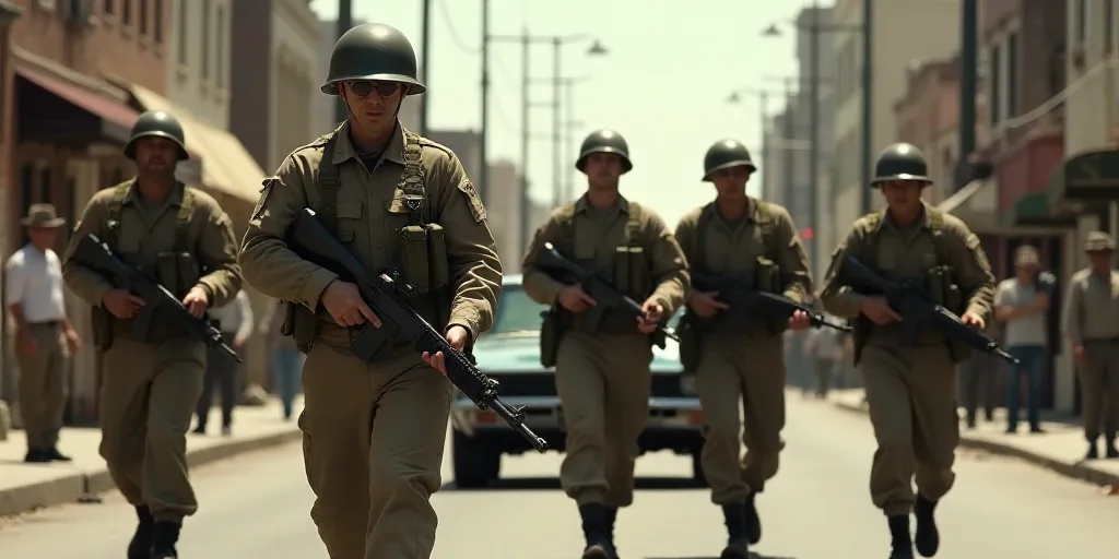 a group of soldiers walking down a street with guns in their hands and helmets on their heads, with