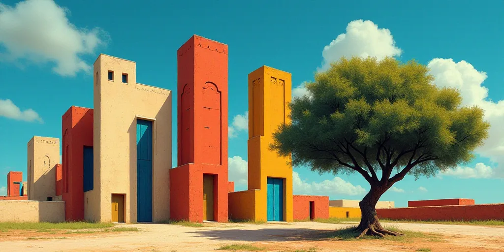 a group of tall buildings with a sky background and a tree in the foreground with a blue sky, David