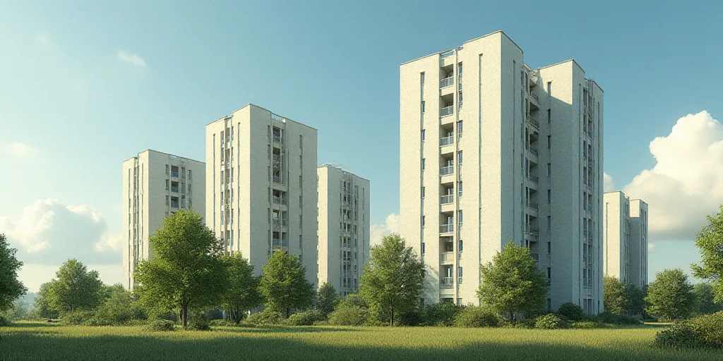 a group of tall buildings with trees in front of them and a sky background with clouds in the sky, E