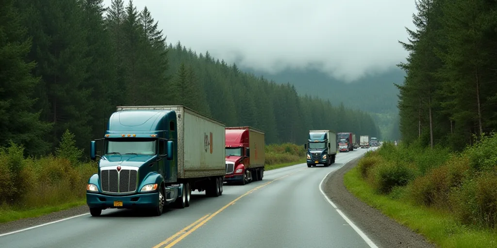 a group of trucks driving down a street next to a forest filled with trees and bushes on a cloudy da