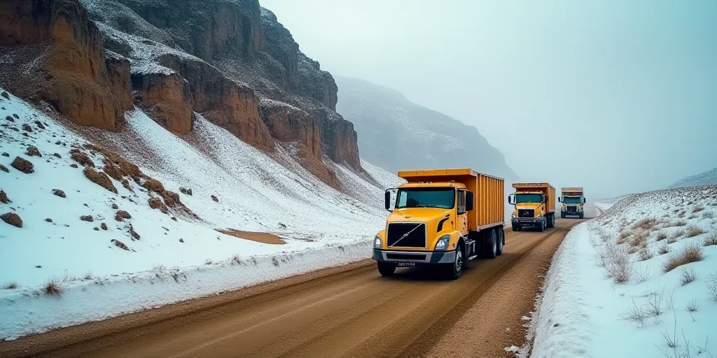 a group of trucks driving down a dirt road next to a mountain side covered in snow and dirt mounds,