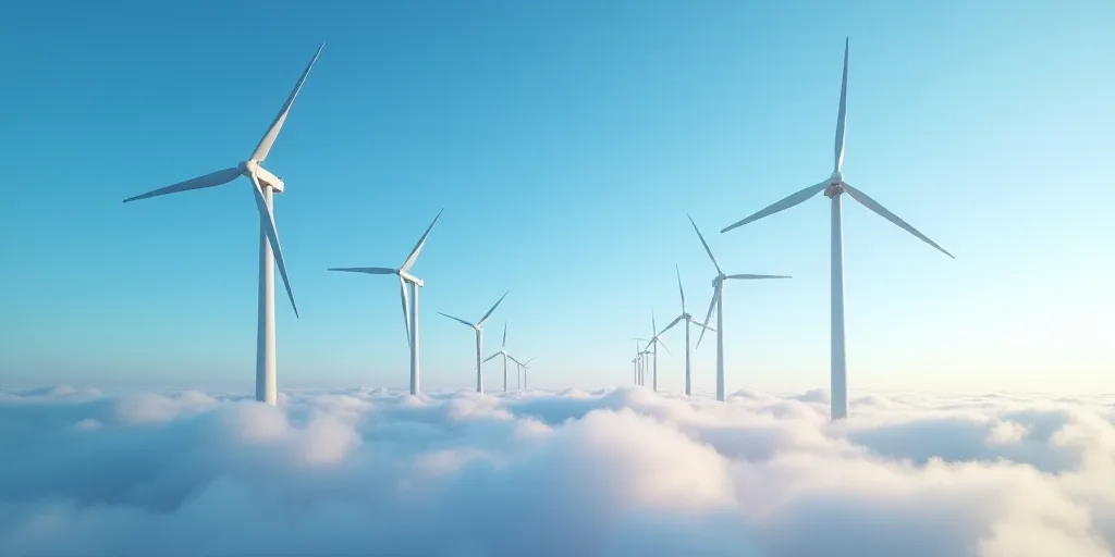 a group of wind turbines on a sunny day with blue sky in the background and clouds in the foreground