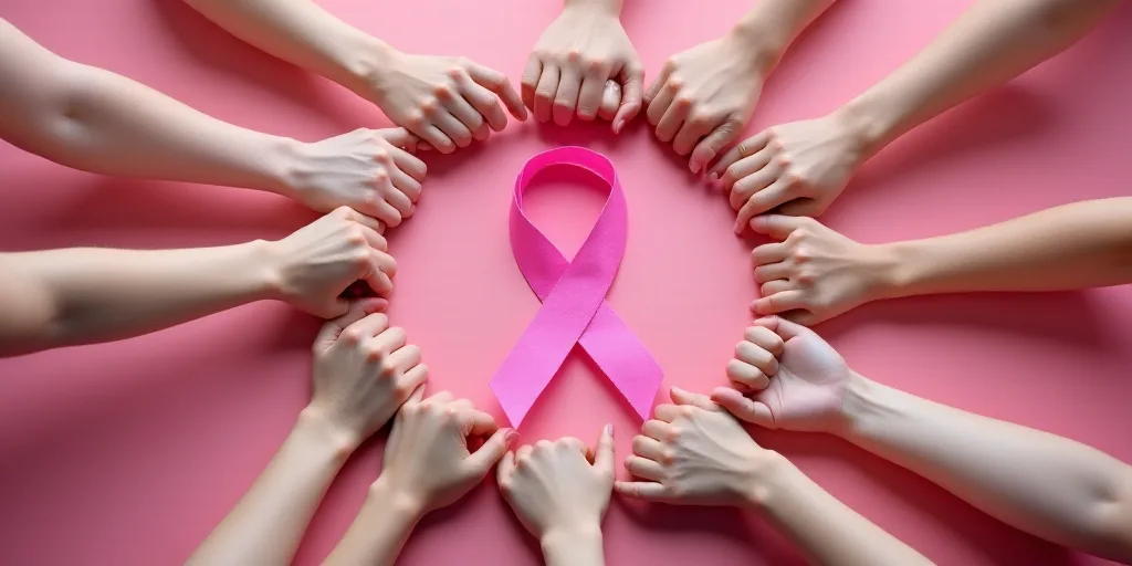 a group of women holding a pink ribbon in the middle of a circle with their hands together in a circ