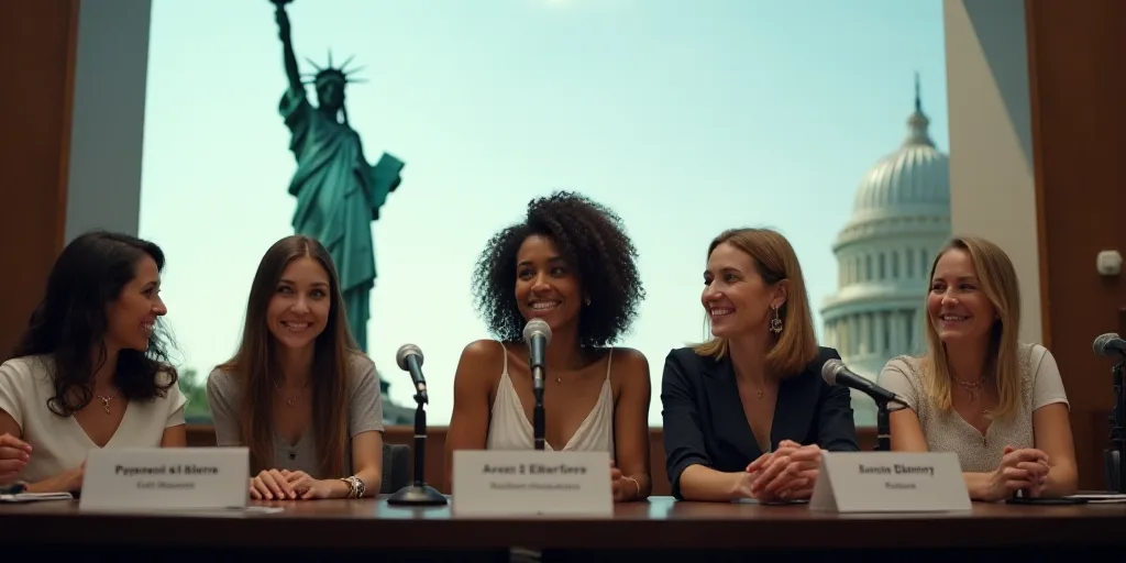 a group of women sitting at a table with microphones in front of them and a statue of liberty behind