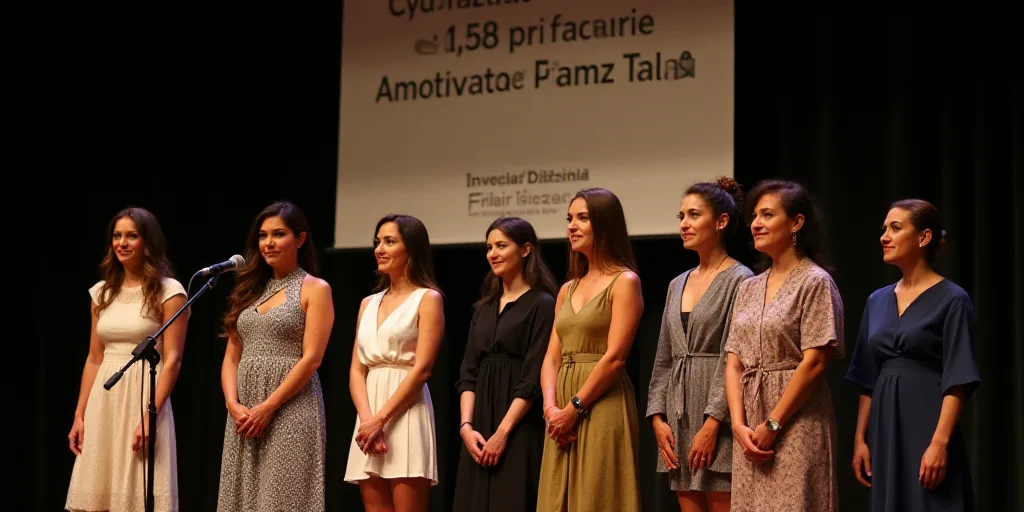 a group of women standing next to each other on a stage with a microphone in front of them and a ban