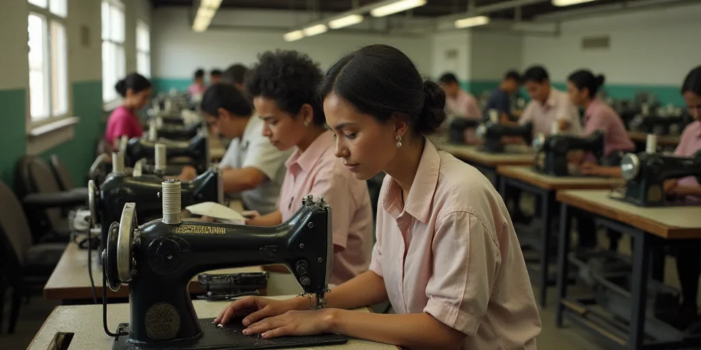 a group of women working on sewing machines in a factory with workers in the background working on s