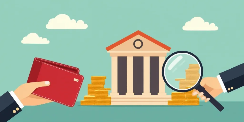 a hand holding a red wallet and a stack of coins with a magnifying glass in front of a bank, Chica M