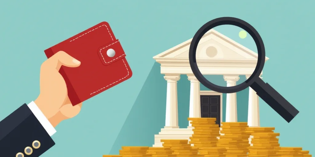 a hand holding a red wallet and a stack of coins with a magnifying glass in front of a bank, Chica M