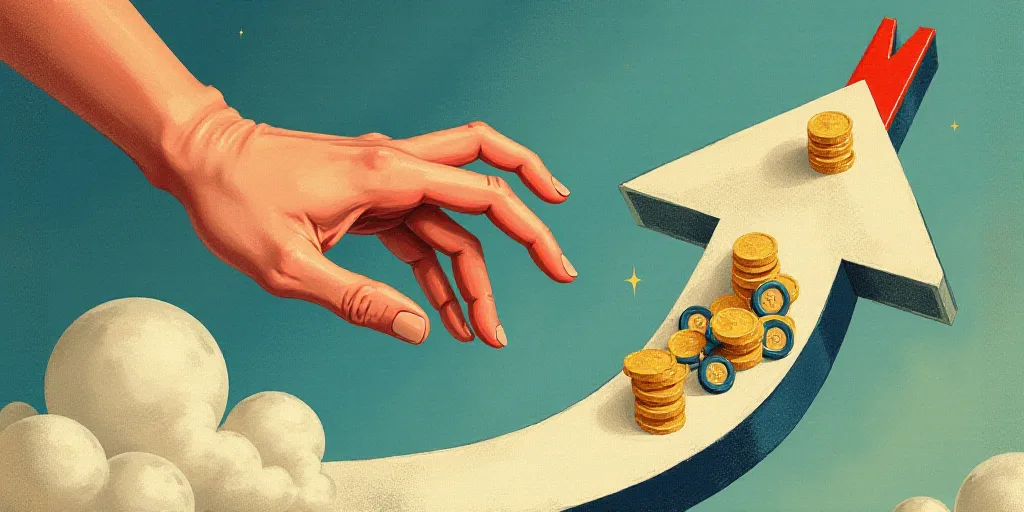 a hand is reaching for a red arrow on a white arrow with gold coins around it and a blue arrow with