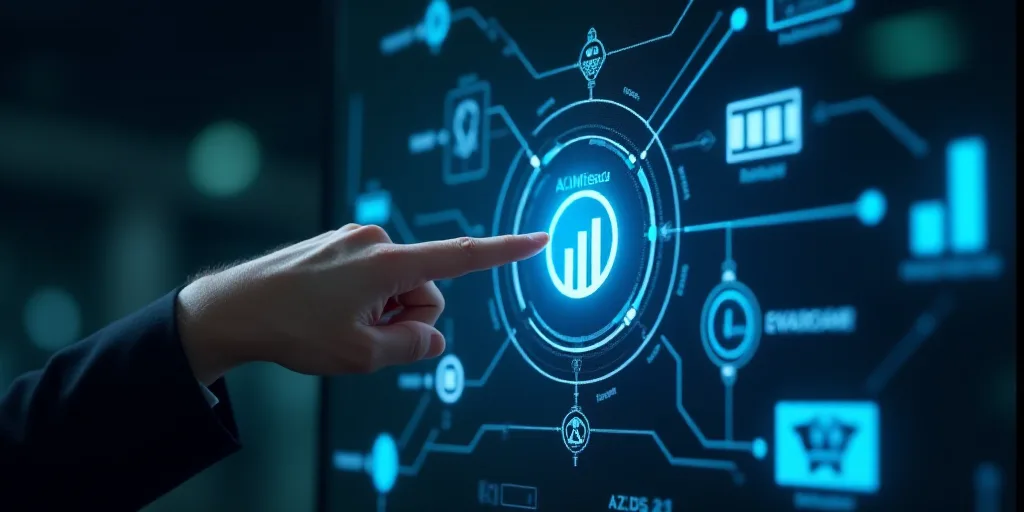 a hand pointing at a digital information flow diagram on a screen with icons and symbols surrounding