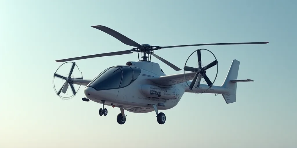 a helicopter flying in the air with four propellers on it's wings and four propellers on the front o