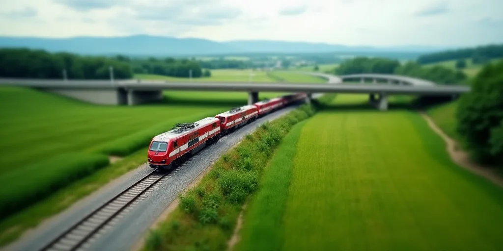 a highway going through a green field with a bridge in the background and a red and white train on t