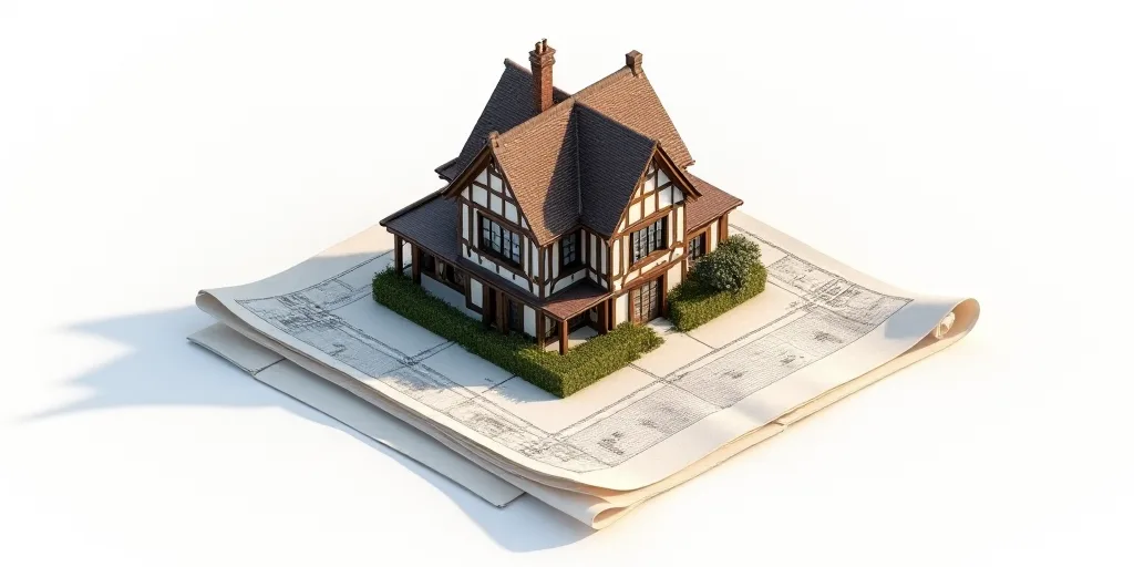 a house on top of a blueprint with a white background and a blueprint with a house on top of it, Chr