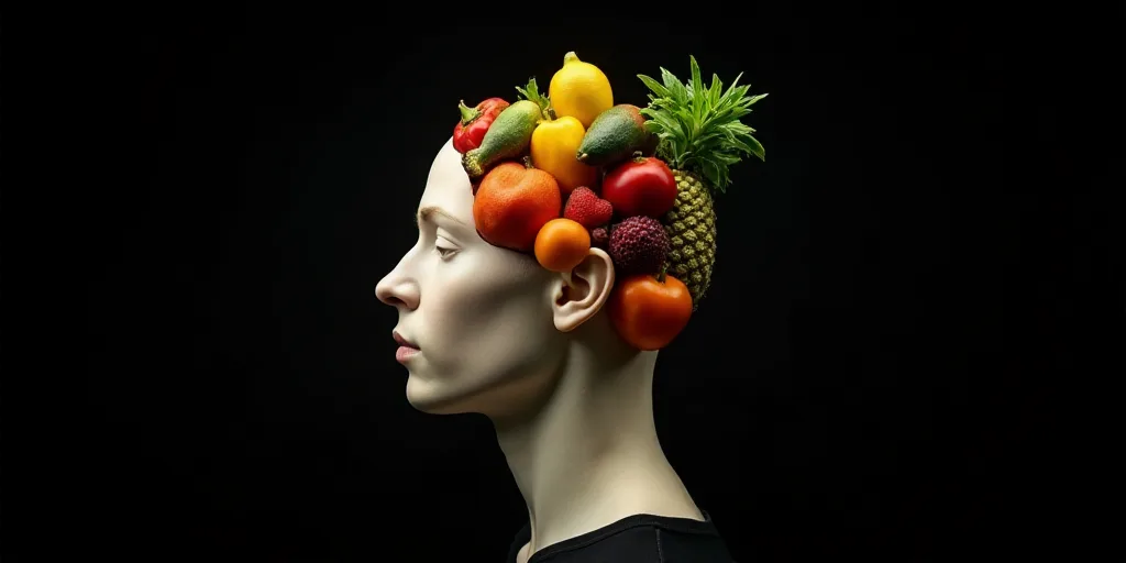 a human head with a variety of fruits and vegetables in it's side profile on a black background, Év