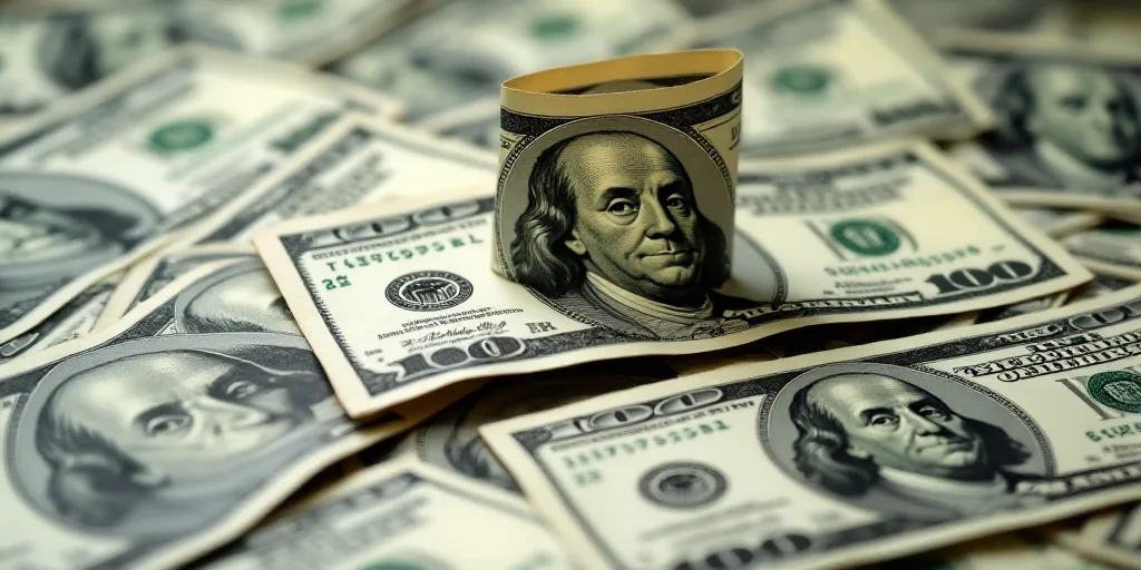 a hundred dollar bill with a hundred dollar bill sticking out of it's center surrounded by other hun