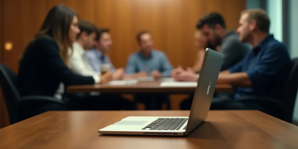 a laptop computer sitting on top of a wooden table in front of a group of people sitting at a table,