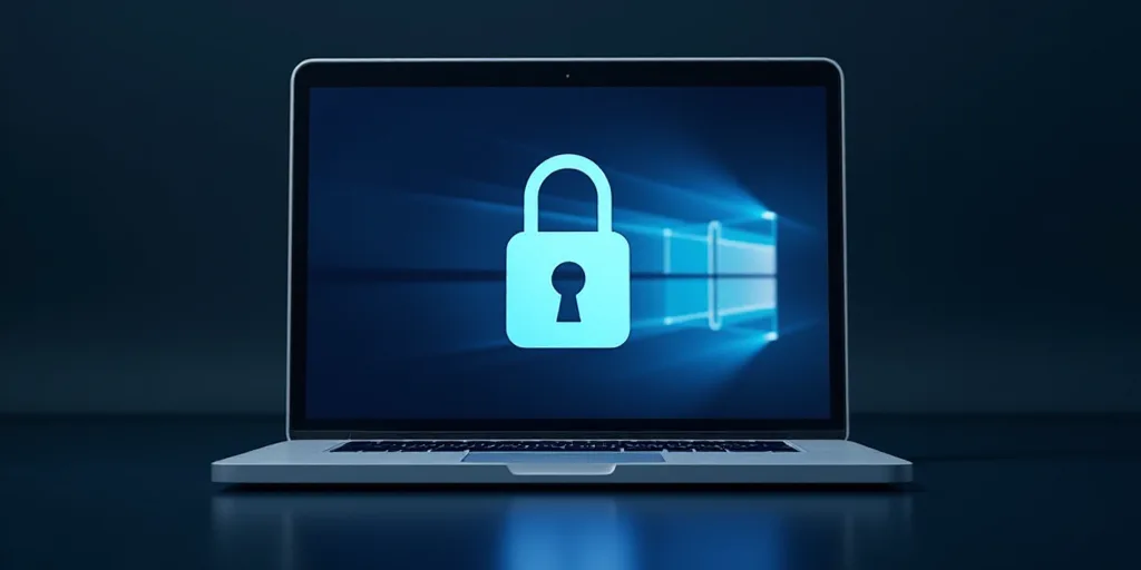 a laptop with a padlock on the screen and a lock on the screen next to it is a blue icon, Andries St