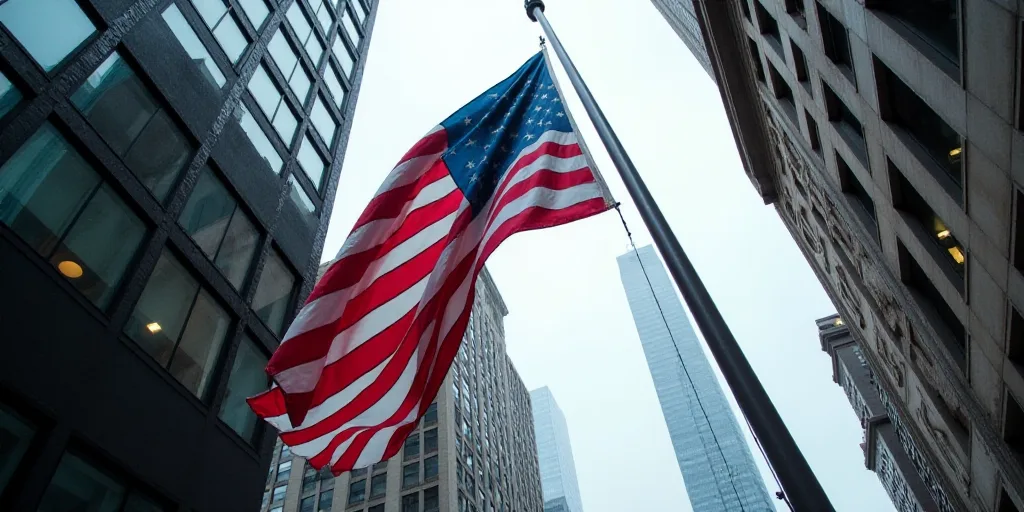 a large american flag is hanging from a building in new york city, usa, on a flagpole, Andries Stock