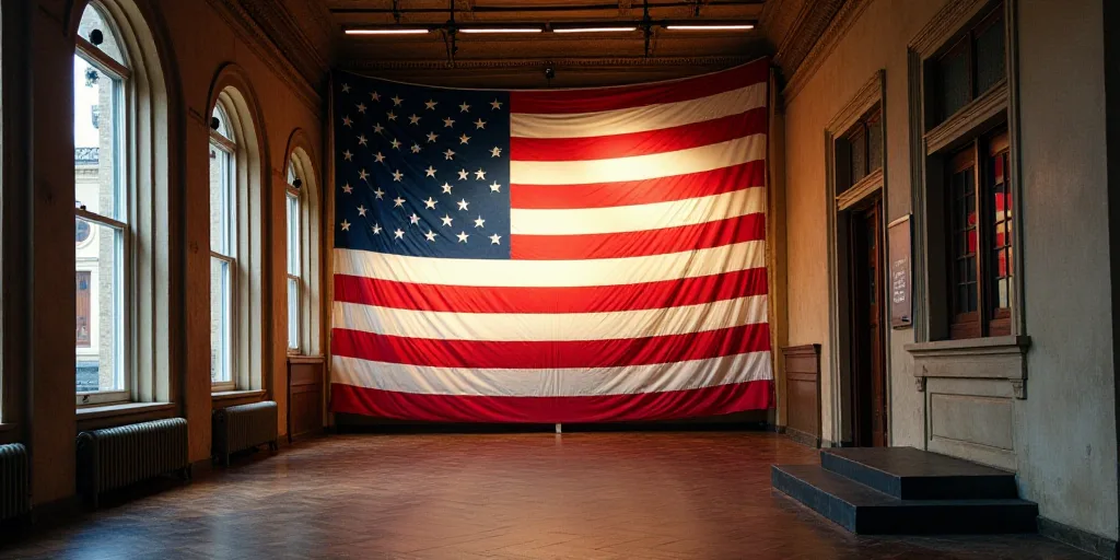 a large american flag is on display in a building with a sign that says, godman sachs, Charles Hinma