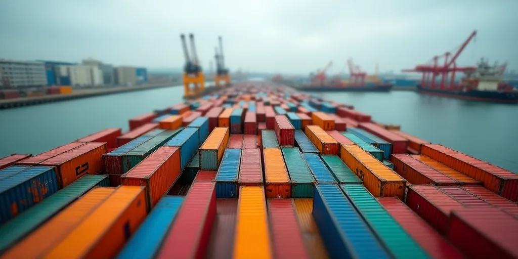 a large amount of colorful shipping containers in a harbor with buildings in the background and a bo