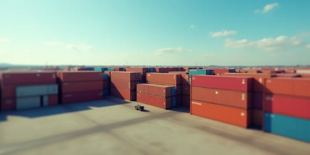 a large amount of containers are stacked together in a large container yard, with a sky background a