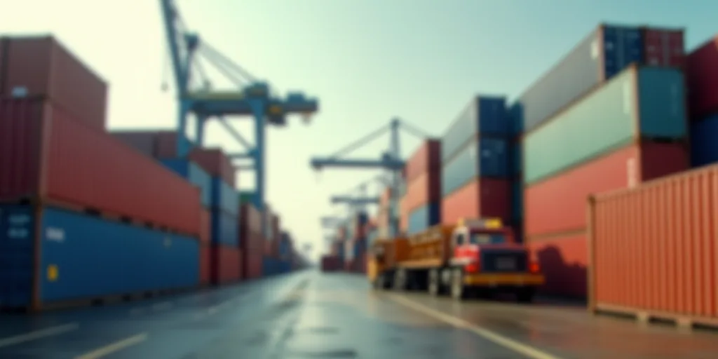 a large amount of containers are stacked up in a large container yard with a crane in the background