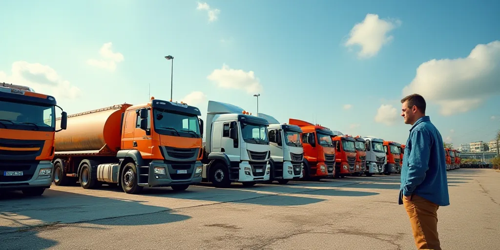 a large amount of trucks are parked in a lot with other trucks and trailers in the background and a