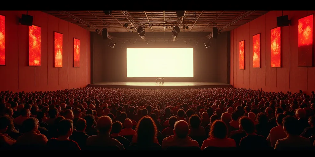a large auditorium with a stage and a large crowd of people sitting in it and a large screen on the