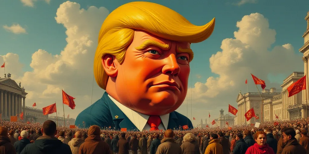 a large balloon with a donald trump face in a crowd of people holding flags and signs, with a large