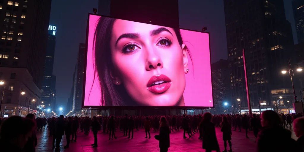 a large billboard with a woman's face on it in a city setting with people walking around it, David L