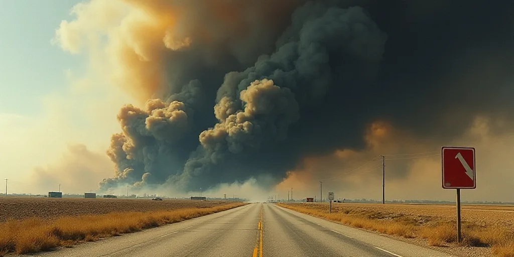 a large black cloud of smoke billows from a fire on a highway in the distance, with a red and white