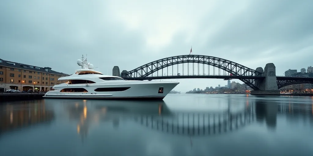 a large boat docked at a dock in a harbor with a bridge in the background and a large boat in the fo