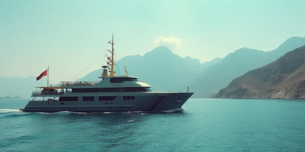 a large boat floating on top of a body of water next to a mountain range in the distance with a flag