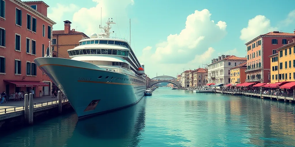 a large boat is docked at a dock in a canal with a cruise ship in the background and a bridge in the