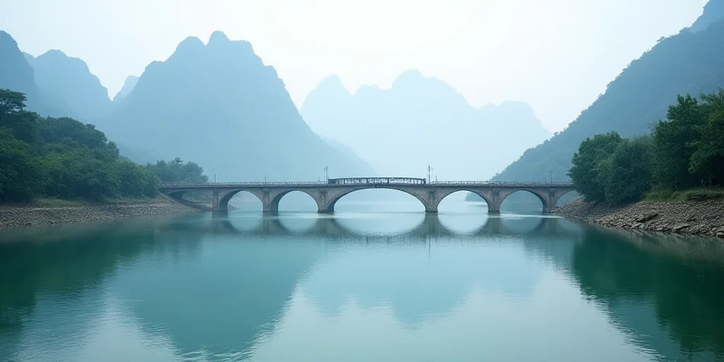 a large body of water with a bridge in the background and a mountain in the background with trees on