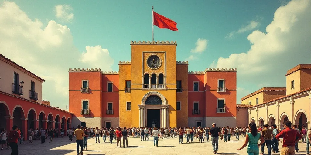 a large building with a flag flying in front of it and a crowd of people in the plaza below, David A