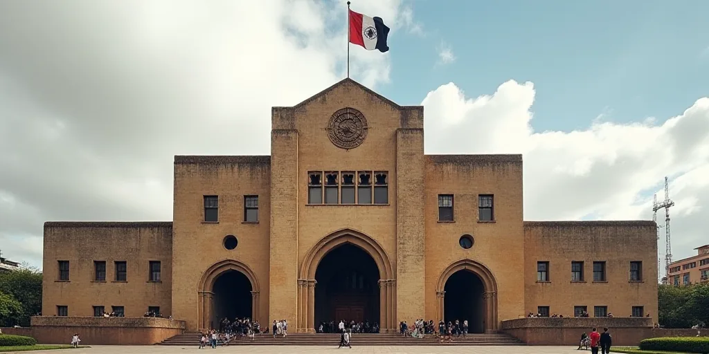 a large building with a flag on top of it and people walking around it on a cloudy day with a few cl