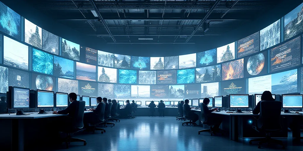 a large building with a lot of monitors on the wall and people working on computers on the floor in