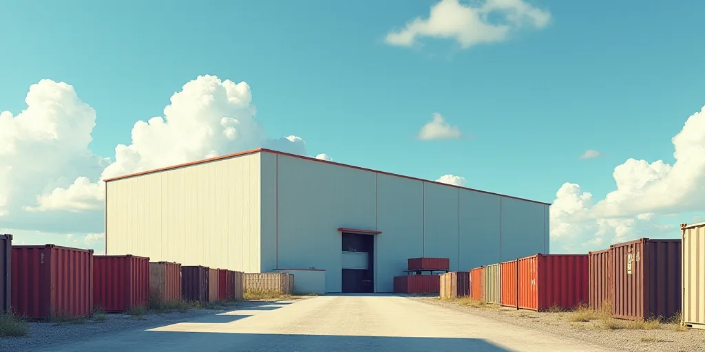a large building with a lot of storage containers in front of it and a sky background with clouds in