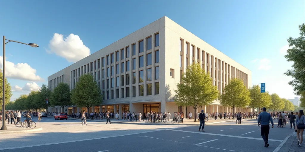 a large building with a lot of people walking around it on a street corner with a blue sky in the ba