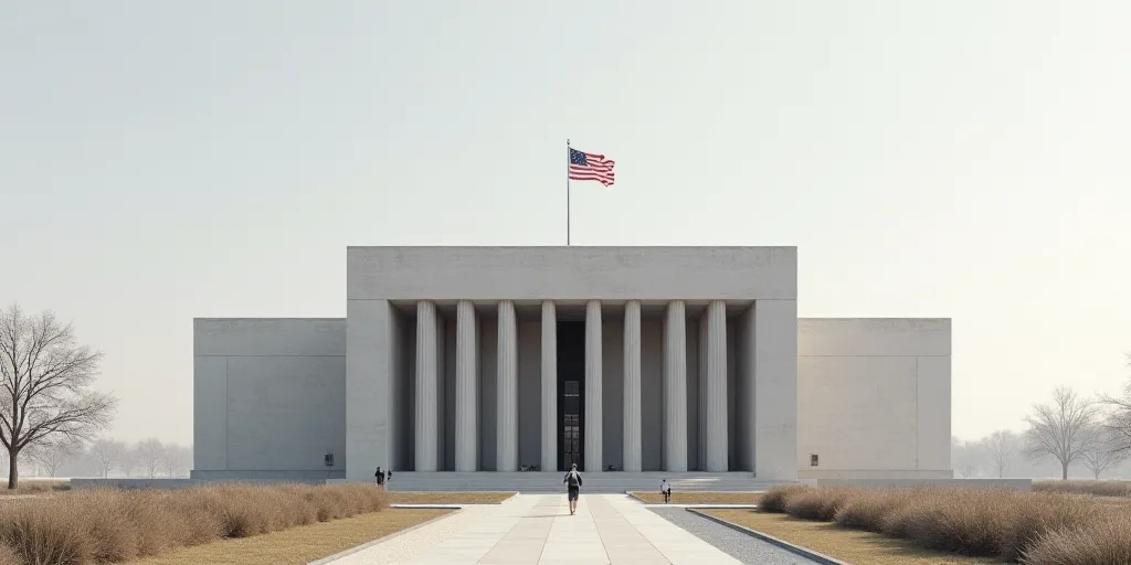 a large building with columns and a flag on top of it's roof and a flagpole on top of it, Bracha L.