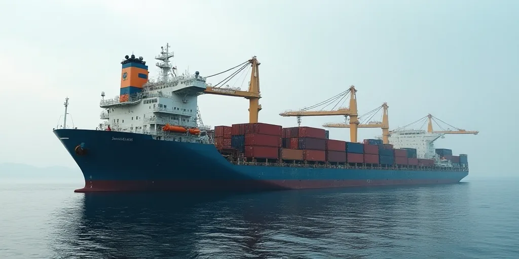 a large cargo ship in a harbor with a lot of containers on it's side and a crane on the side of the