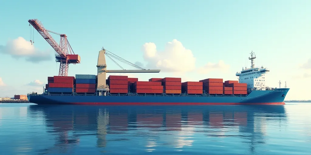 a large cargo ship in the water with a crane in the background and a large container ship in the for