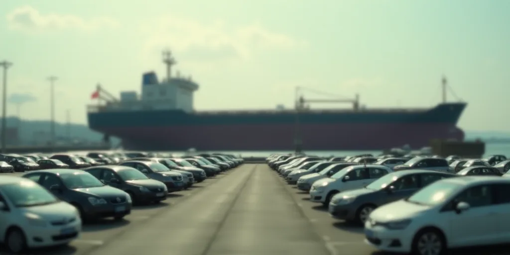 a large cargo ship is in the background of a parking lot with many cars parked in front of it, Andri