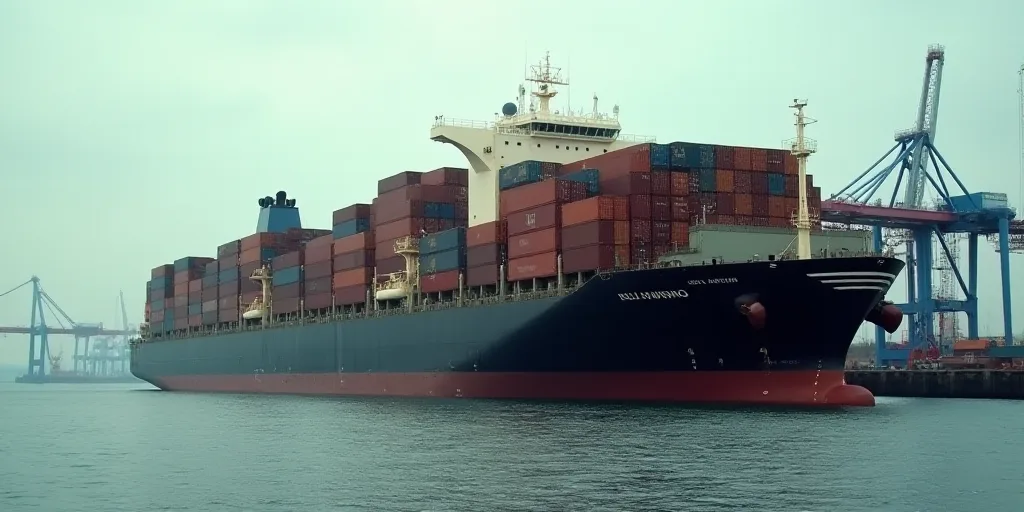 a large cargo ship with containers stacked on top of it's sides in a harbor area with a crane in the