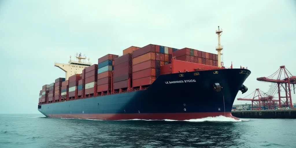 a large cargo ship with containers stacked on top of it's sides in the ocean near a dock, Andries St