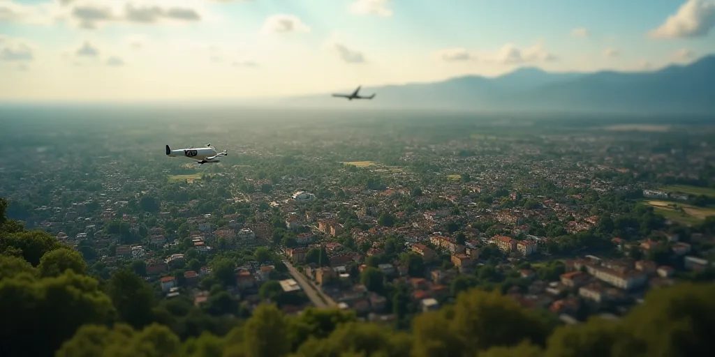 a large city with a lot of houses and lots of land in it and a plane flying over it, Altichiero, aer
