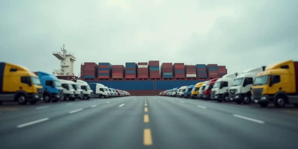 a large container ship is in the background of a parking lot full of cars and trucks in front of it,