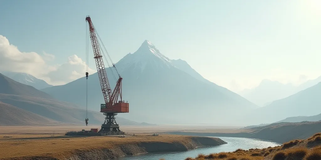 a large crane is in a large open area of land with a mountain in the background and a river running